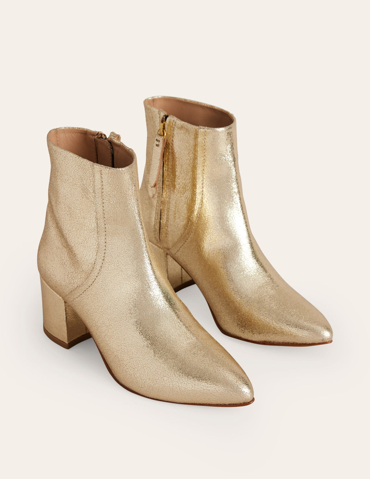 Block Heel Leather Ankle Boots-Gold - Image 3