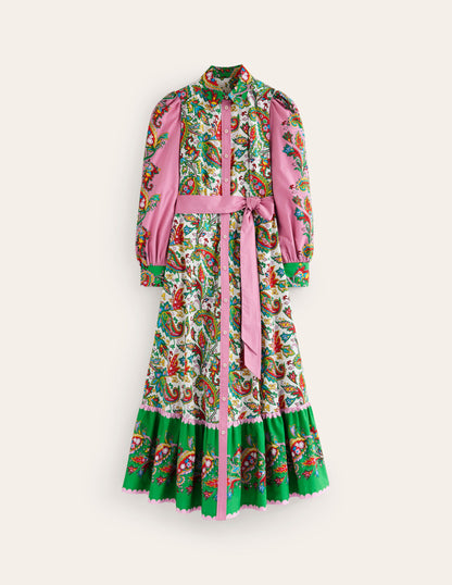 Cotton Midi Shirt Dress-Ivory, Paisley Azure-6