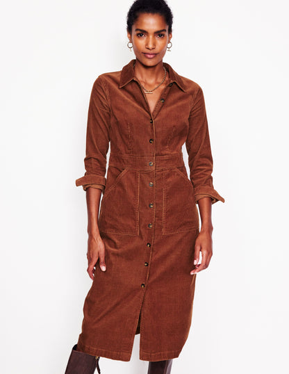 Flora Cord Midi Shirt Dress-Cognac