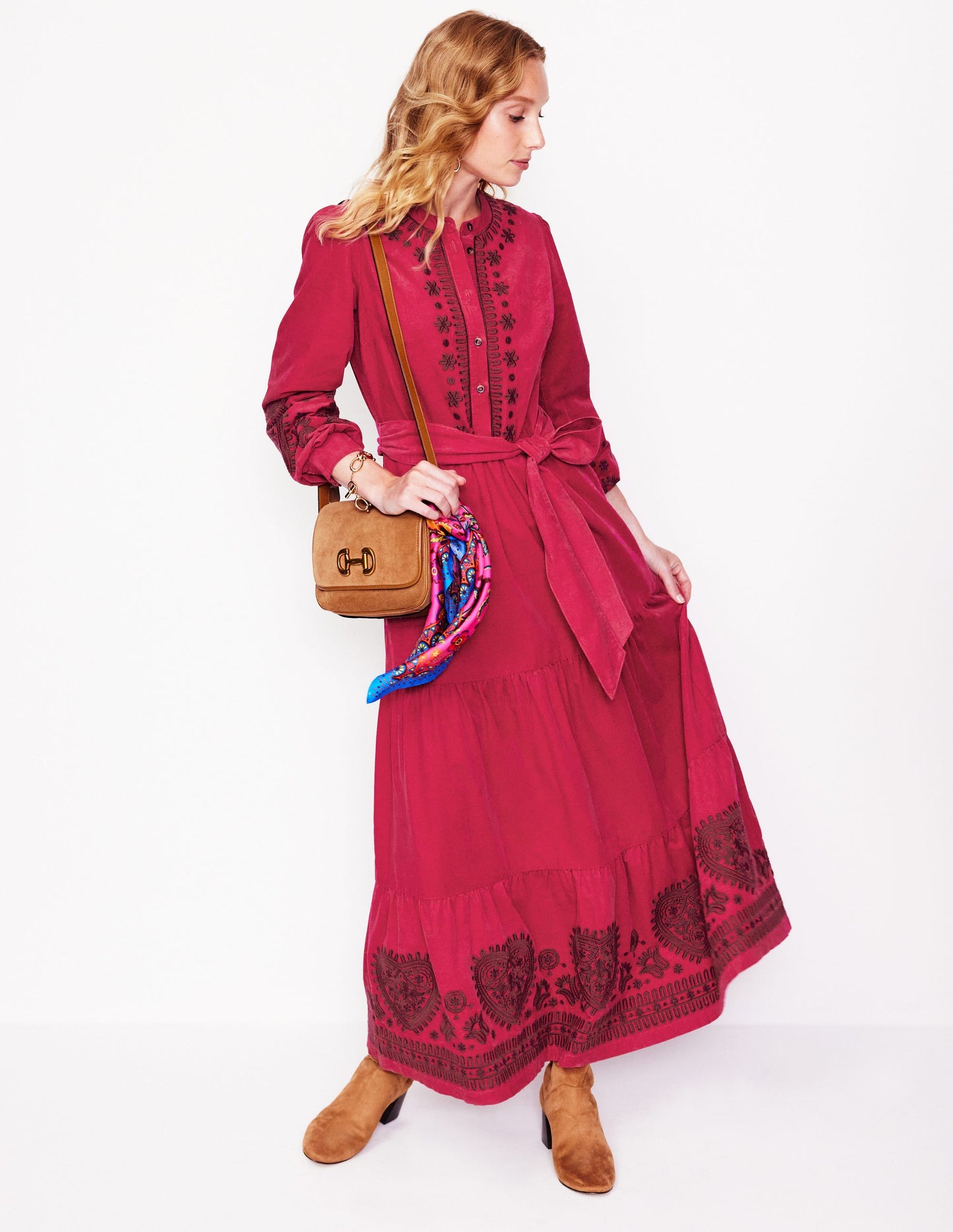 Alba Cord Maxi Dress-Cherry Jam, Embroidered