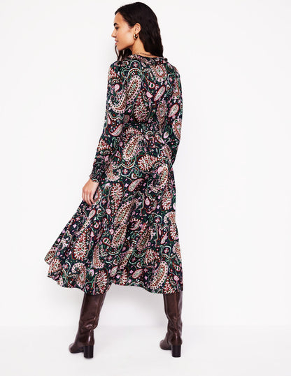 Shirred Ruffle Midi Dress-Mauve Mist, Paisley Paradise