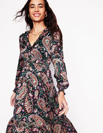 Shirred Ruffle Midi Dress-Mauve Mist, Paisley Paradise