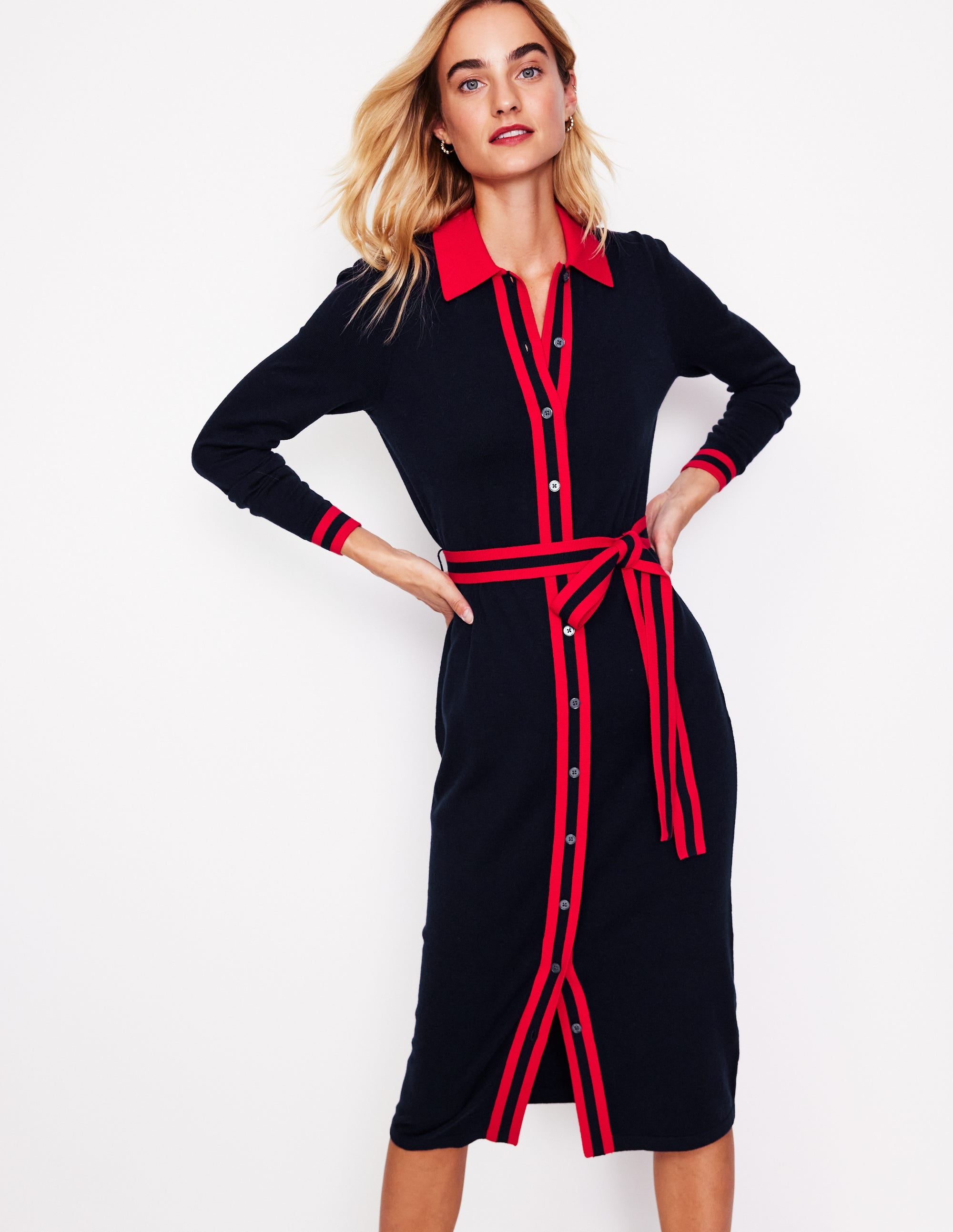 Victoria Knitted Shirt Dress-Navy and Rouge - Image 2