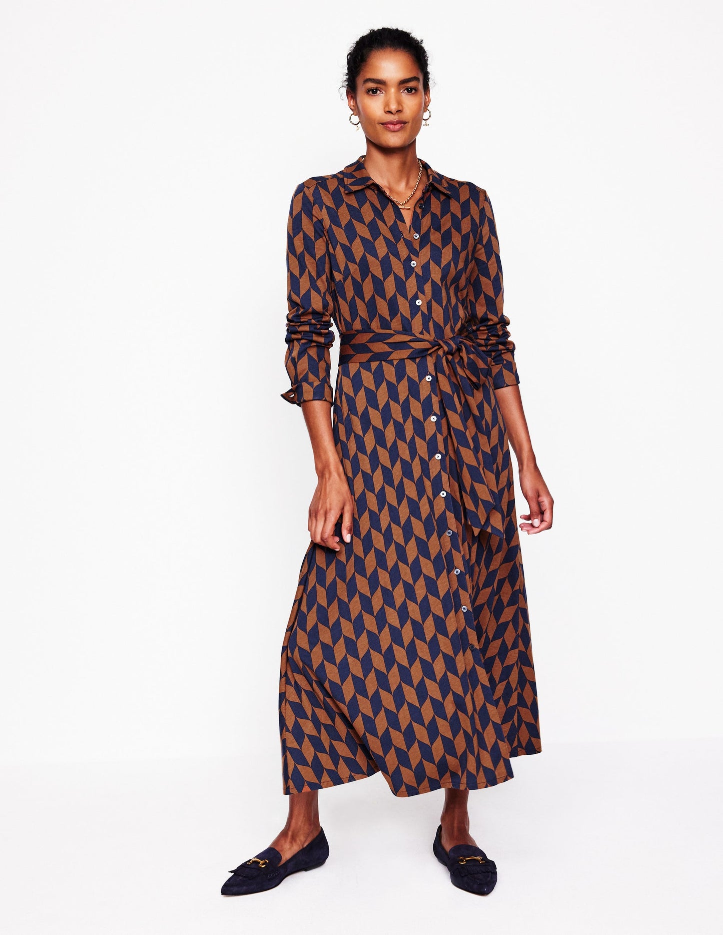 Marcia Jersey Midi Shirt Dress-Cognac, Chevron Swirl