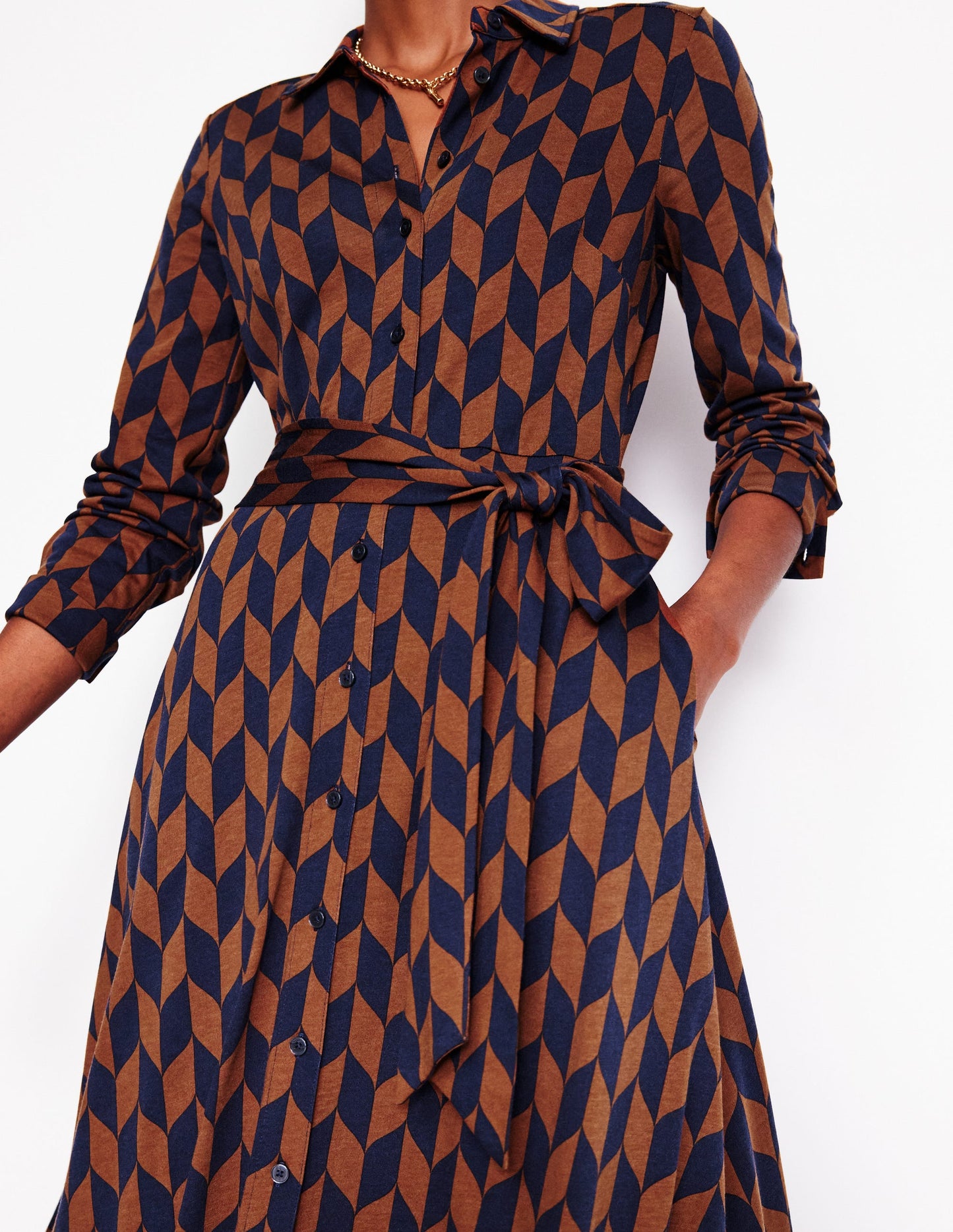 Marcia Jersey Midi Shirt Dress-Cognac, Chevron Swirl