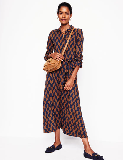 Marcia Jersey Midi Shirt Dress-Cognac, Chevron Swirl