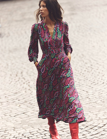 Ivy Smocked Midi Dress-Multi, Illustrated Paisley