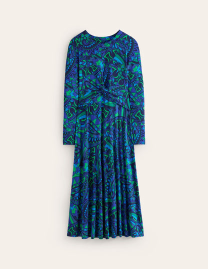 Twisted Waist Jersey Dress-Blue, Kaleidoscopic Paisley