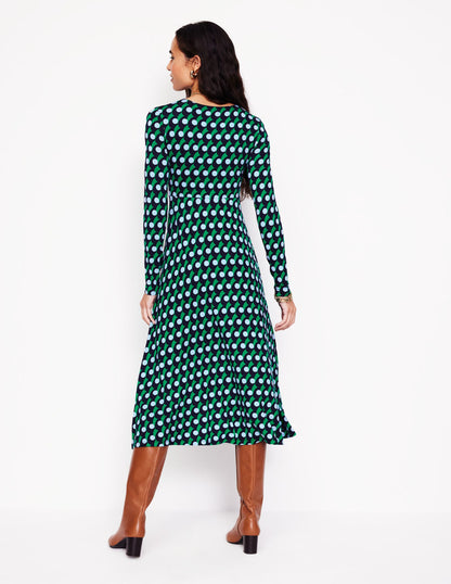 Twisted Waist Jersey Dress-Navy, Polka Wave