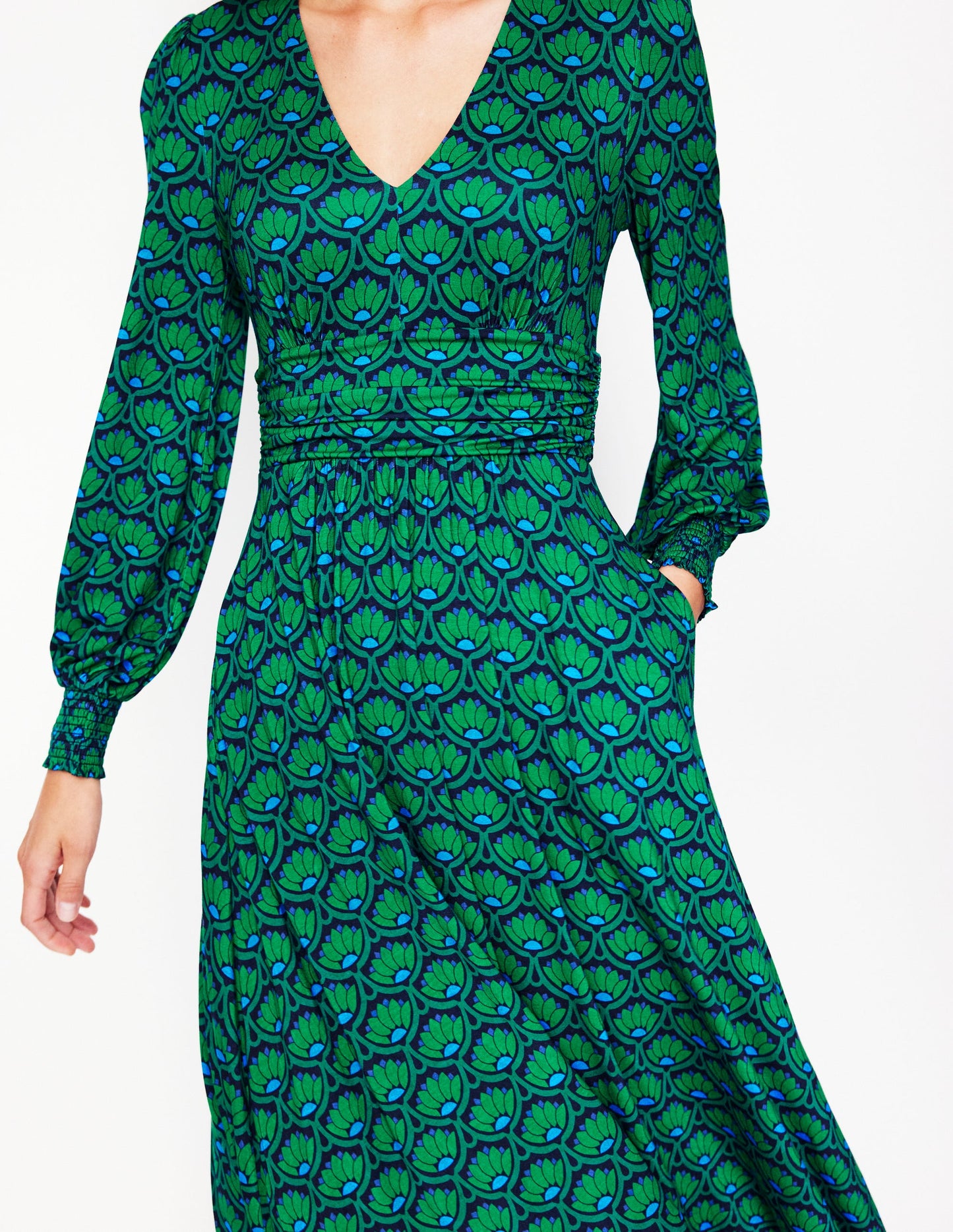 Daphne Jersey Maxi Dress -Rich Emerald, Lotus Stamp