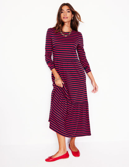 Emma Long Sleeve Jersey Dress-Navy, Rouge Stripe