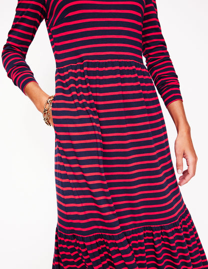 Emma Long Sleeve Jersey Dress-Navy, Rouge Stripe