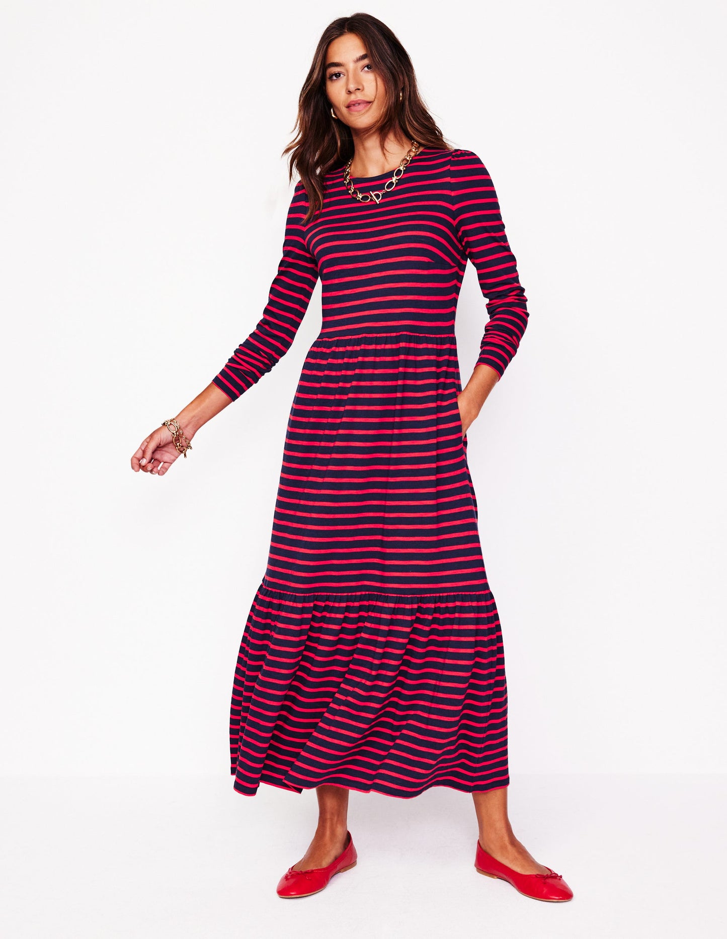 Emma Long Sleeve Jersey Dress-Navy, Rouge Stripe