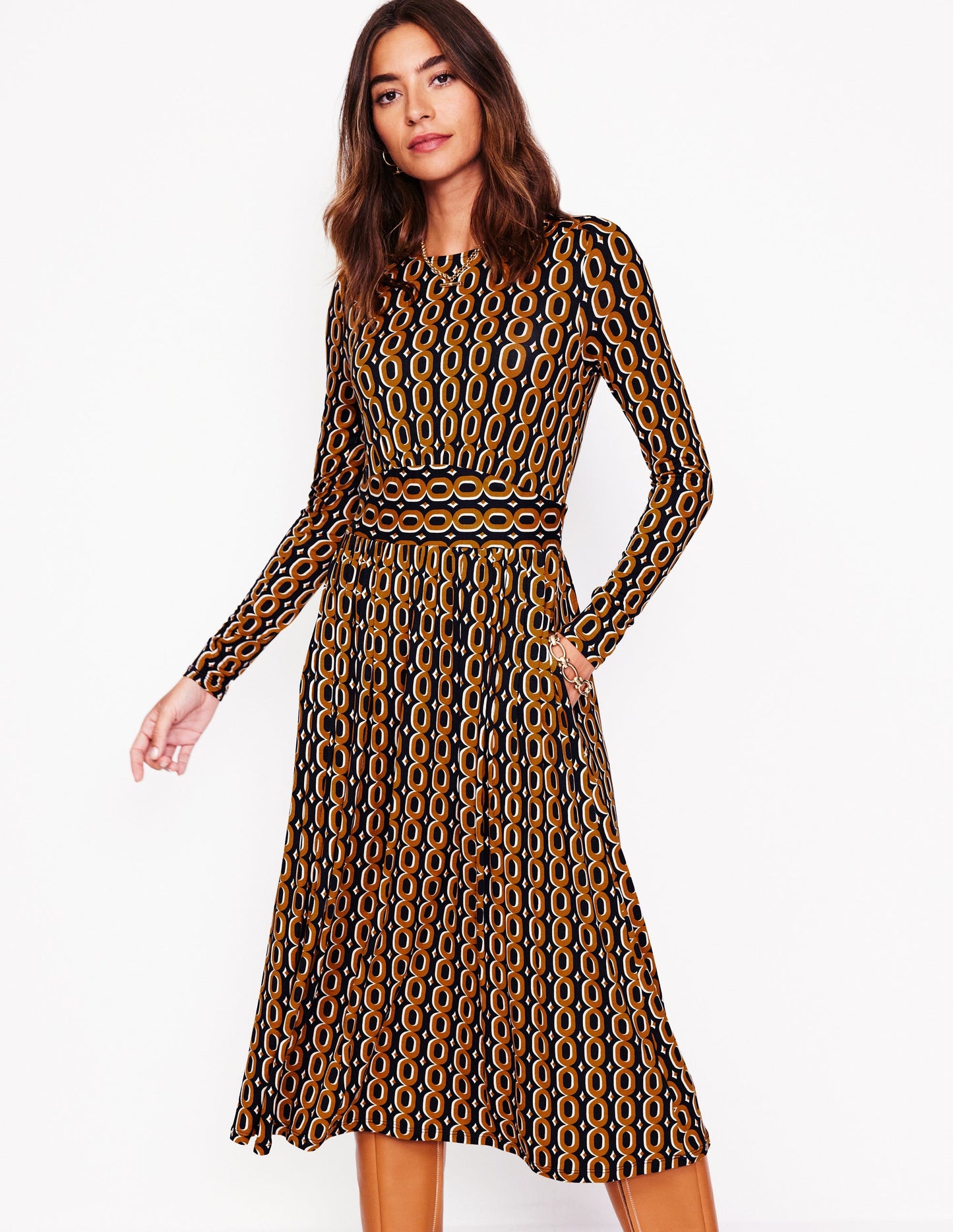 Thea Long Sleeve Jersey Dress-Ochre, Chain