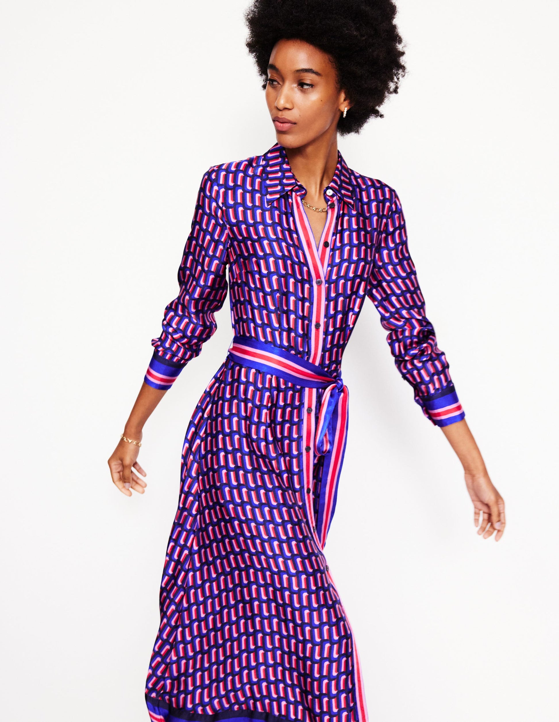 Kate Satin Shirt Dress-Mazarine Blue, Falling Geo-1