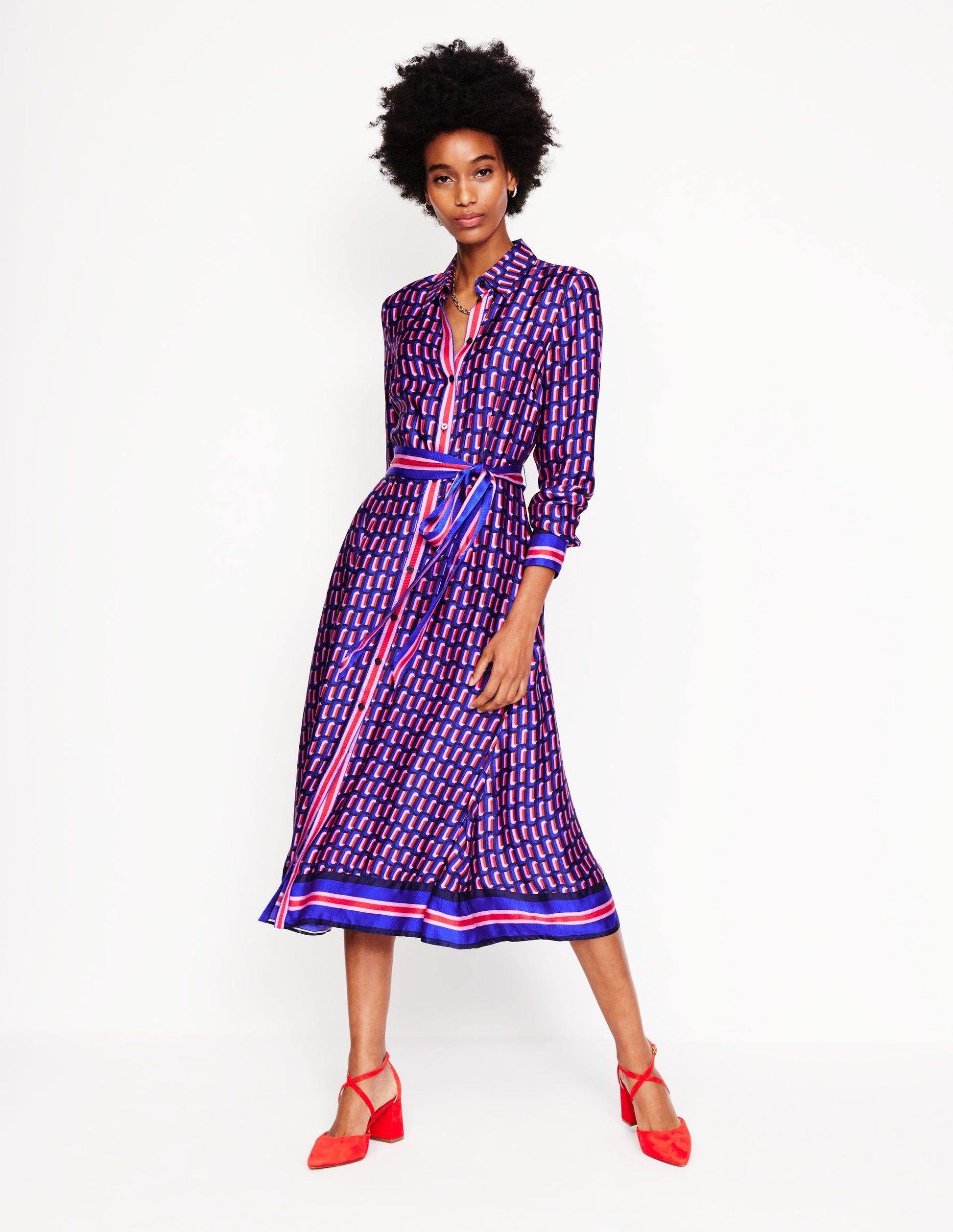 Kate Satin Shirt Dress-Mazarine Blue, Falling Geo-2