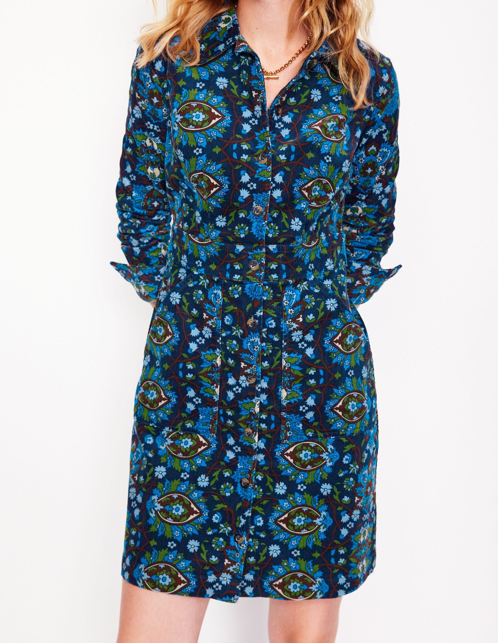 Flora Cord Shirt Dress-Kingfisher Blue, Bloom Trellis-2