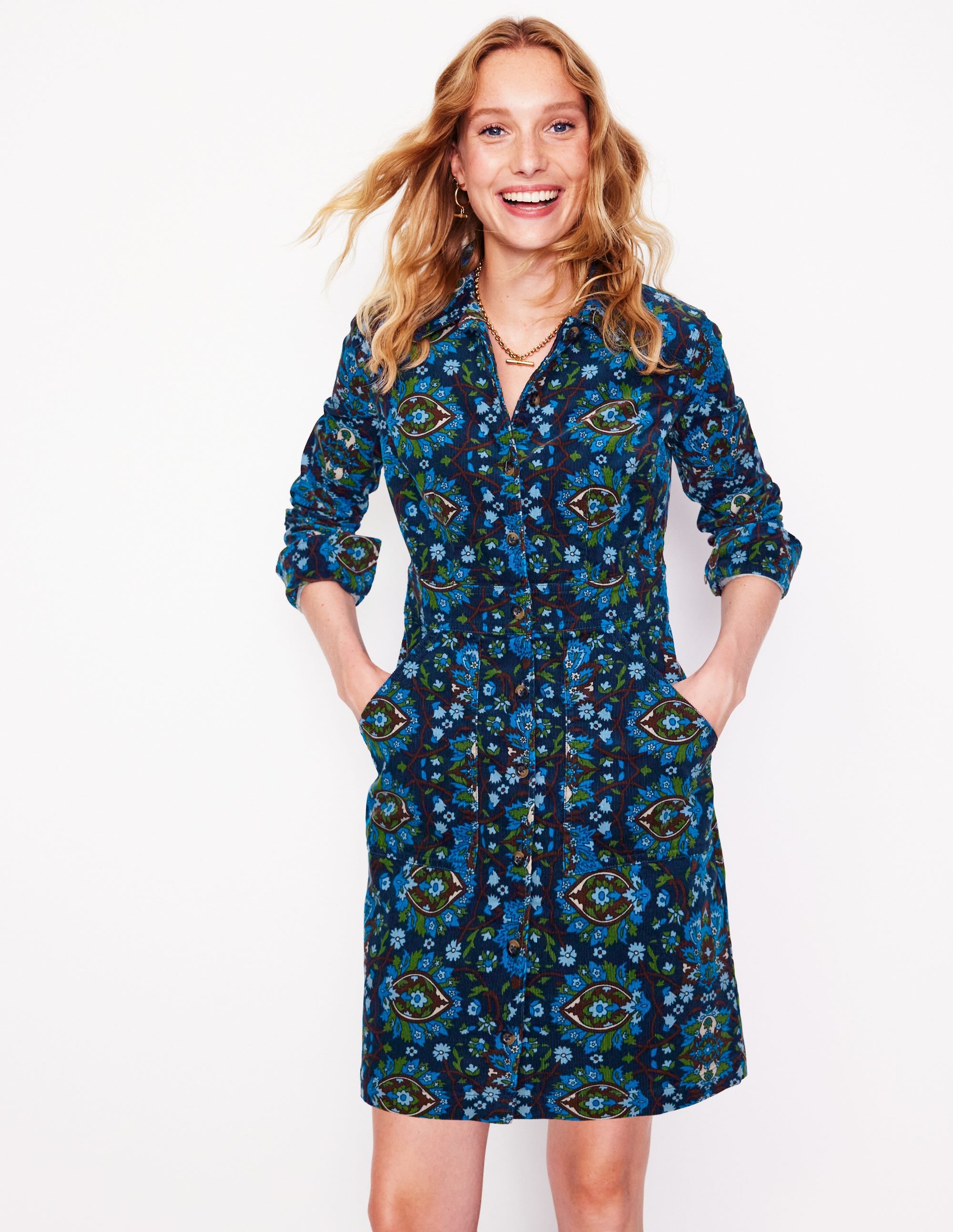 Flora Cord Shirt Dress-Kingfisher Blue, Bloom Trellis - Image 4