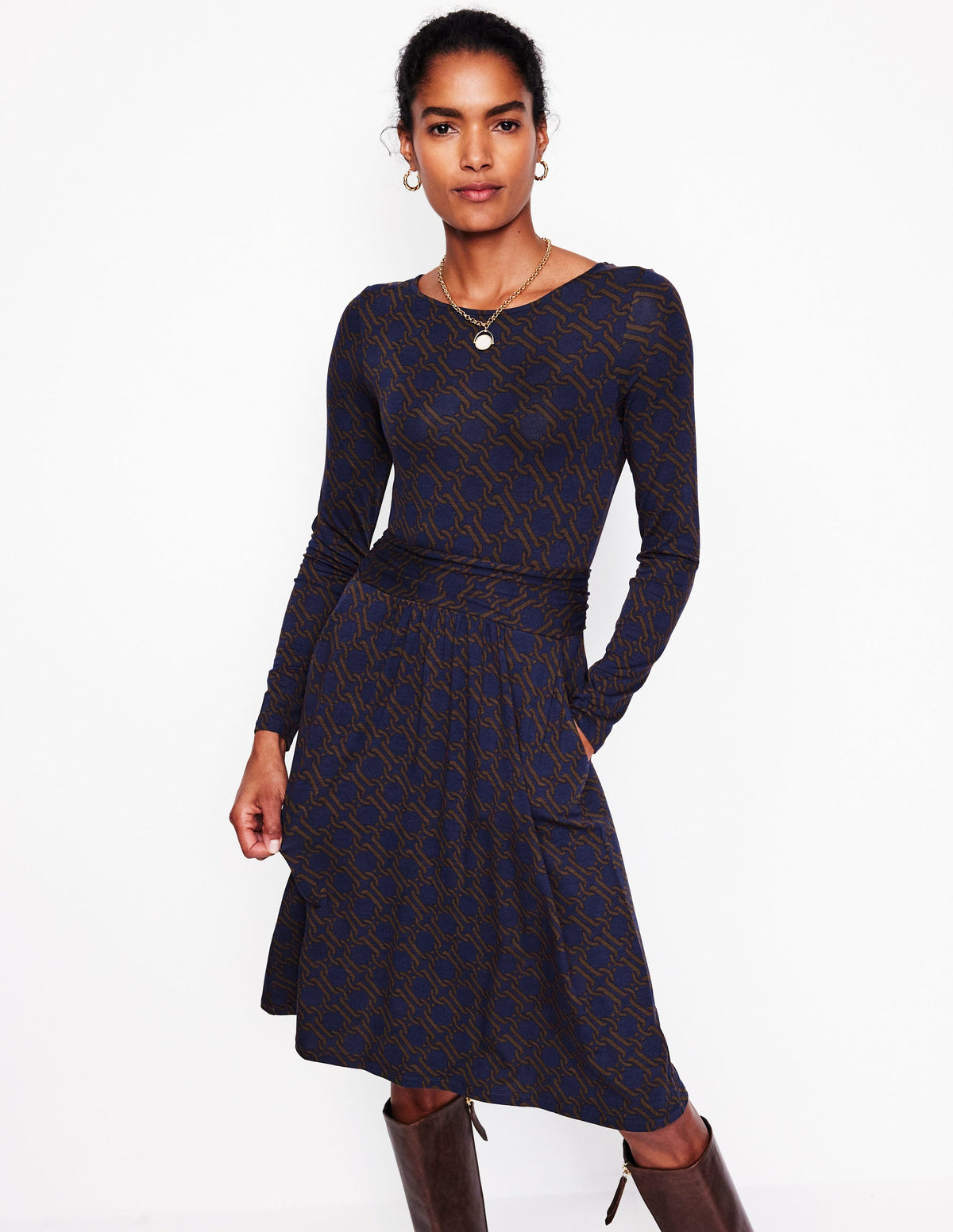 Amelie Long Sleeve Dress-Raw Umber, Chain Geo - Image 4