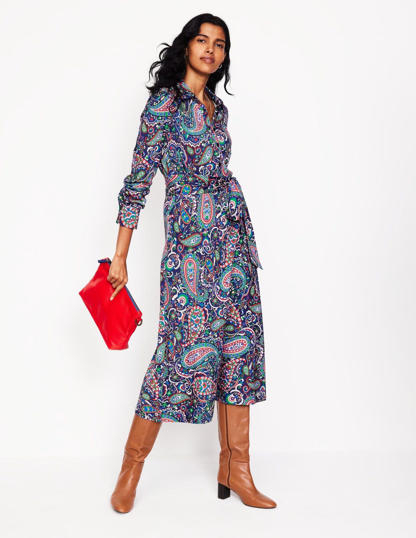 Laura Jersey Midi Shirt Dress-Navy, Paisley Paradise