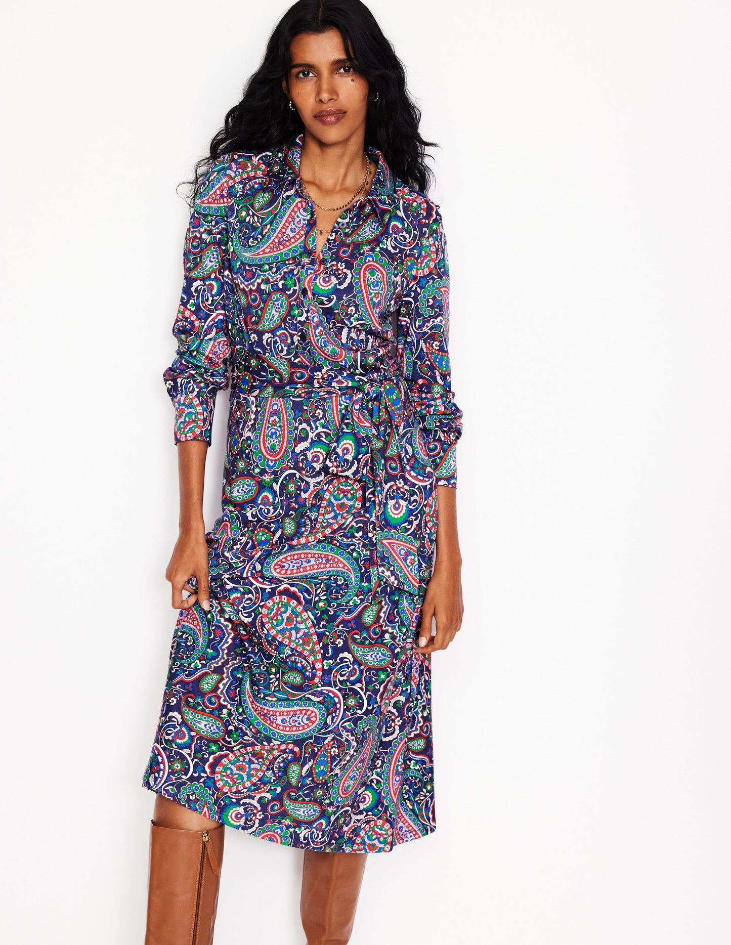 Laura Jersey Midi Shirt Dress-Navy, Paisley Paradise