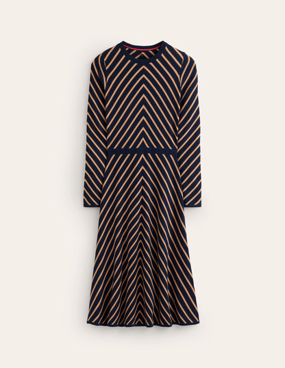 Maria Knitted Midi Dress-Navy, Camel Stripe-5