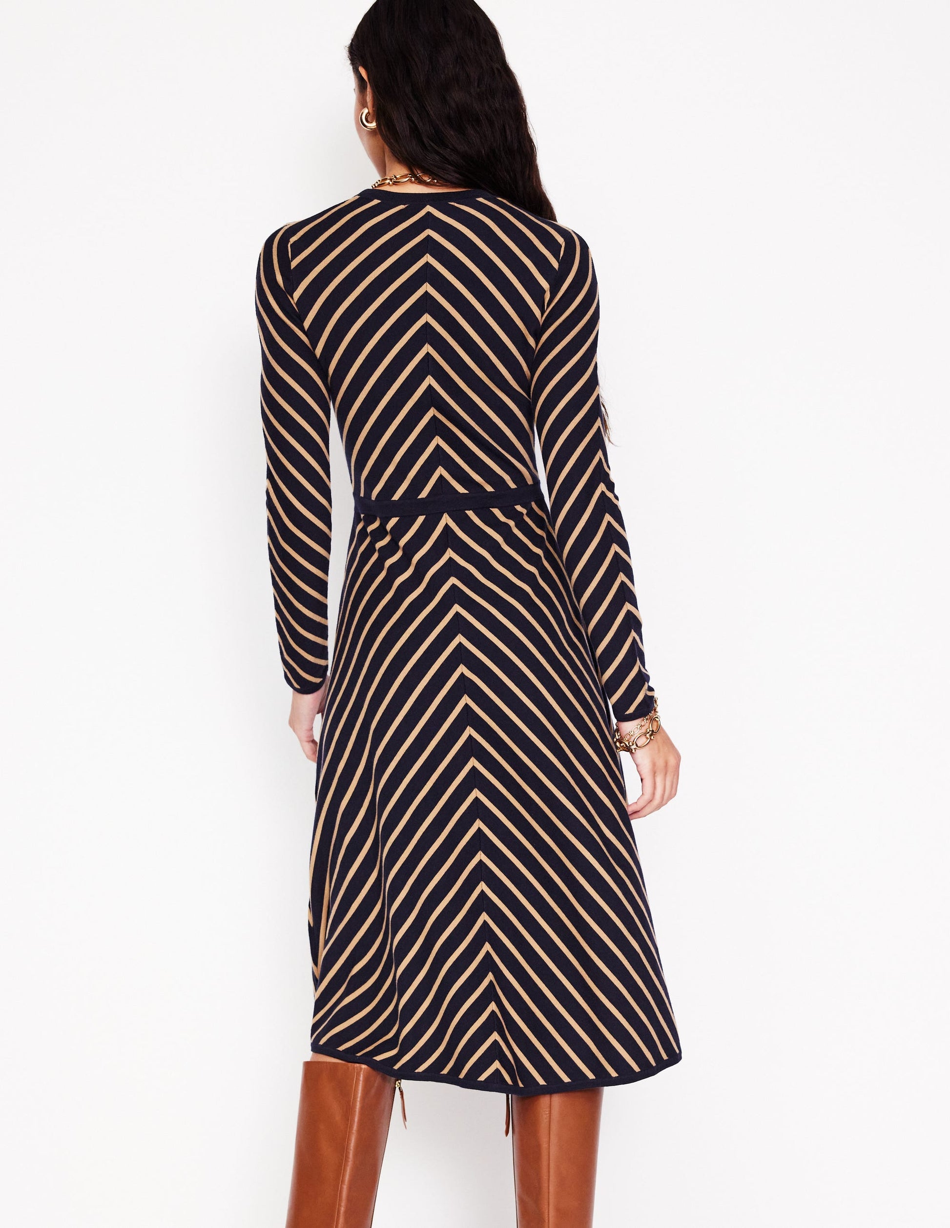 Maria Knitted Midi Dress-Navy, Camel Stripe-3