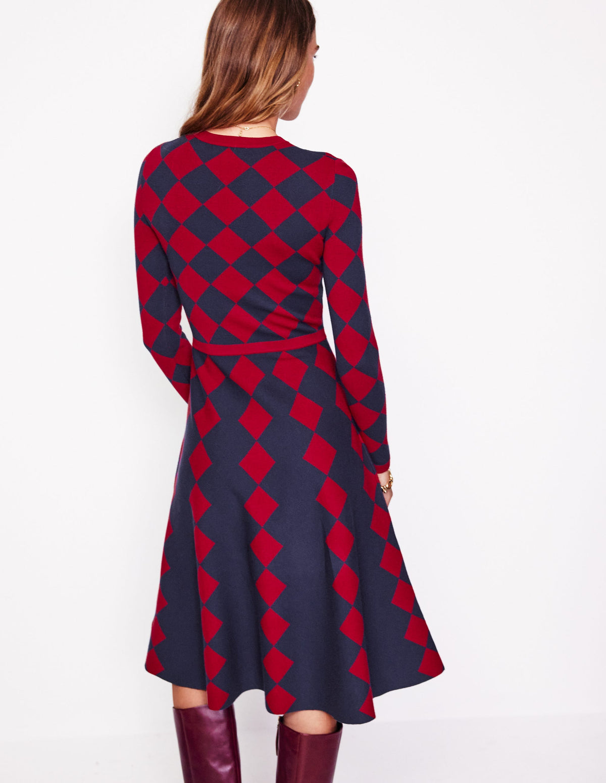 Maria Jacquard Knitted Dress-Red and Navy Argyle-3