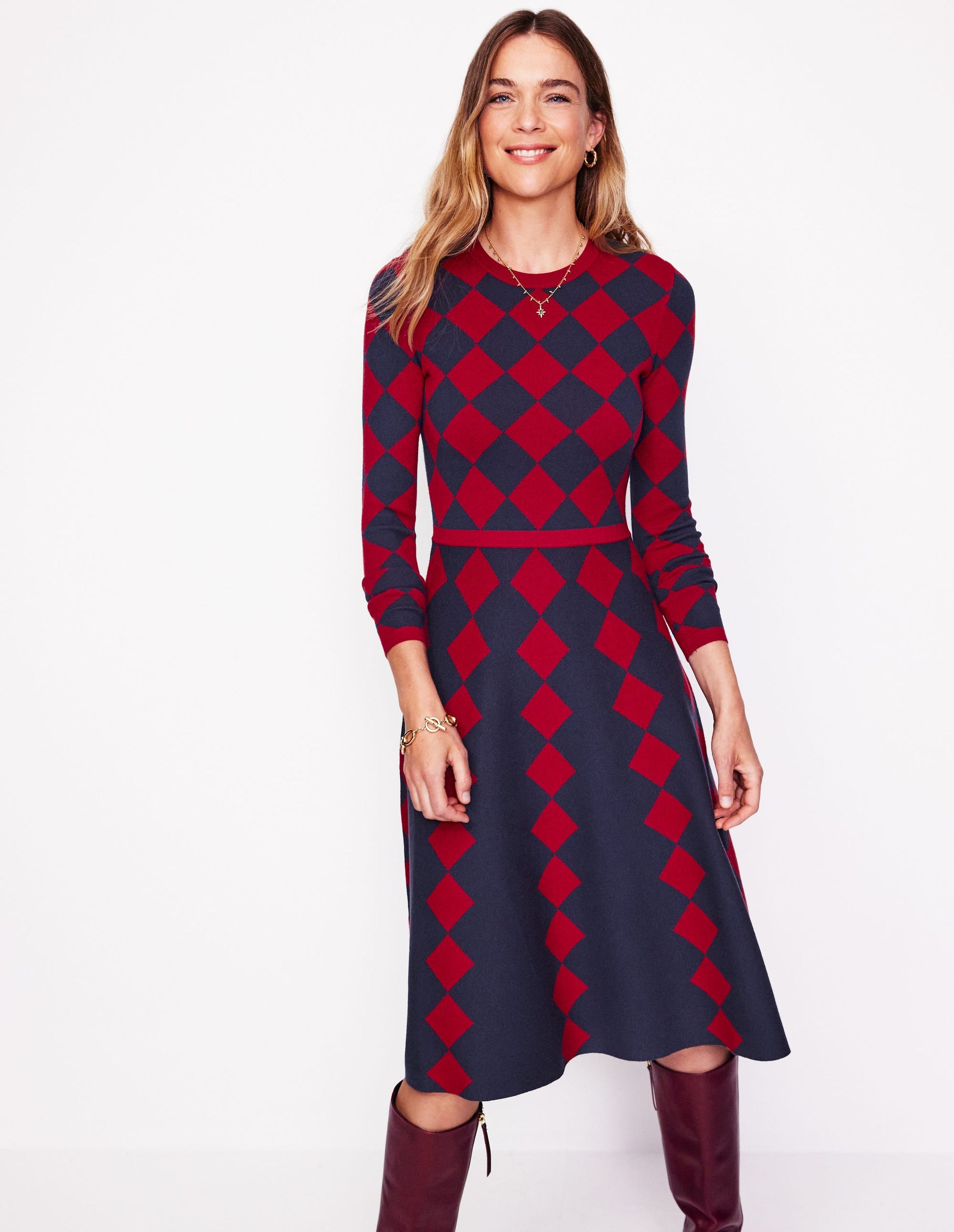 Maria Jacquard Knitted Dress-Red and Navy Argyle-4