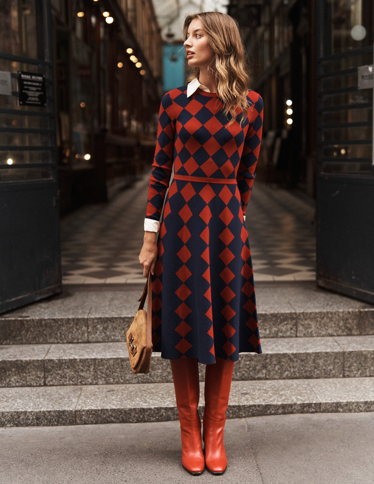 Maria Jacquard Knitted Dress-Red and Navy Argyle-5