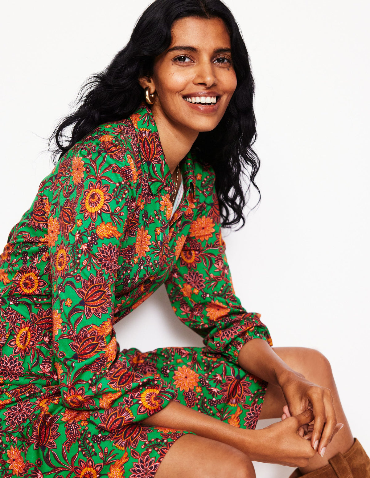 Jemima Tiered Jersey Dress-Rich Emerald, Ornate Bud - Image 1