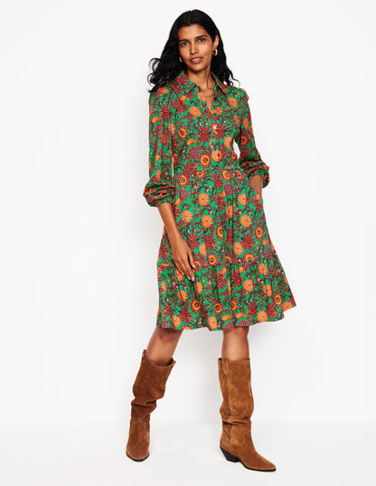 Jemima Tiered Jersey Dress-Rich Emerald, Ornate Bud