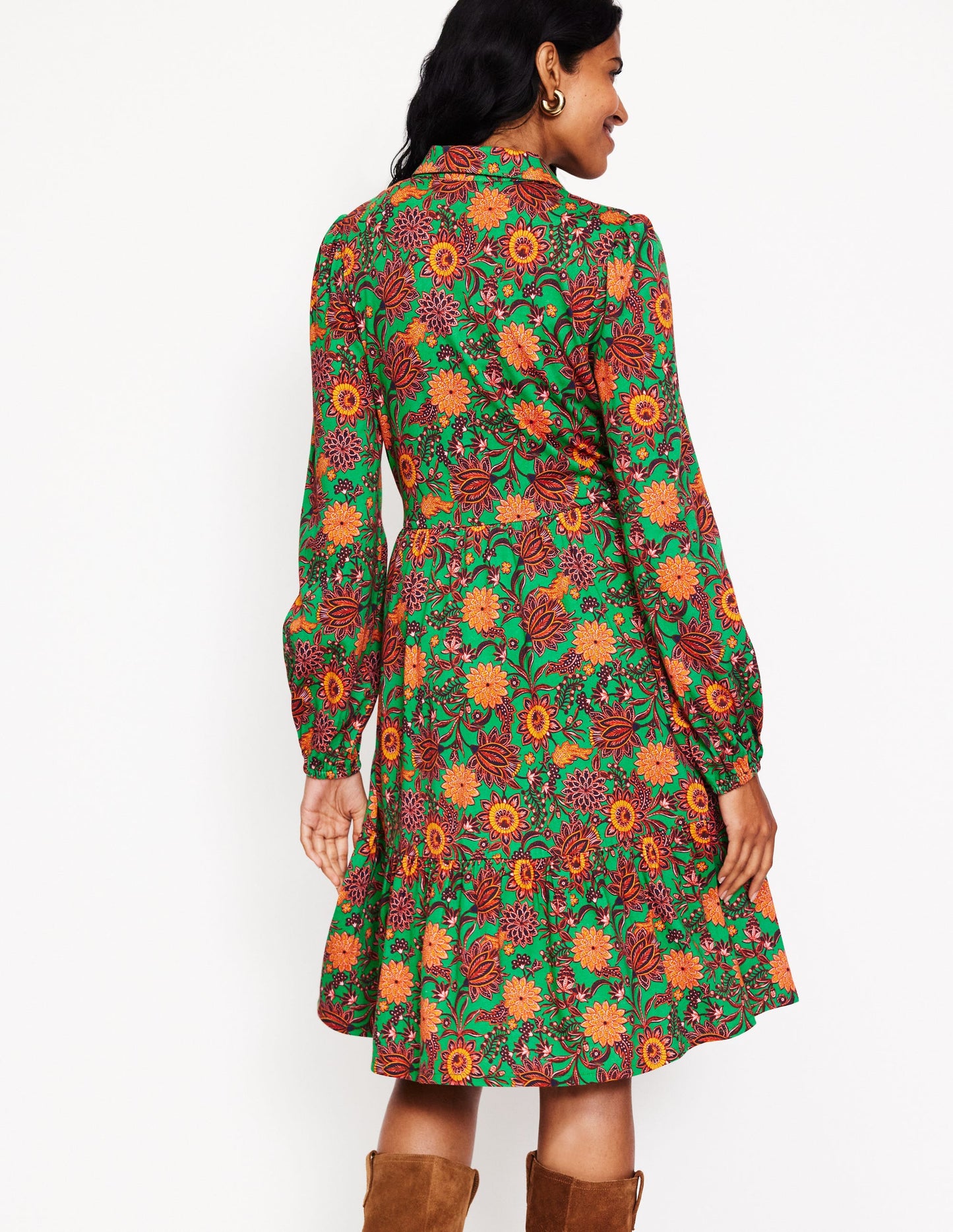 Jemima Tiered Jersey Dress-Rich Emerald, Ornate Bud