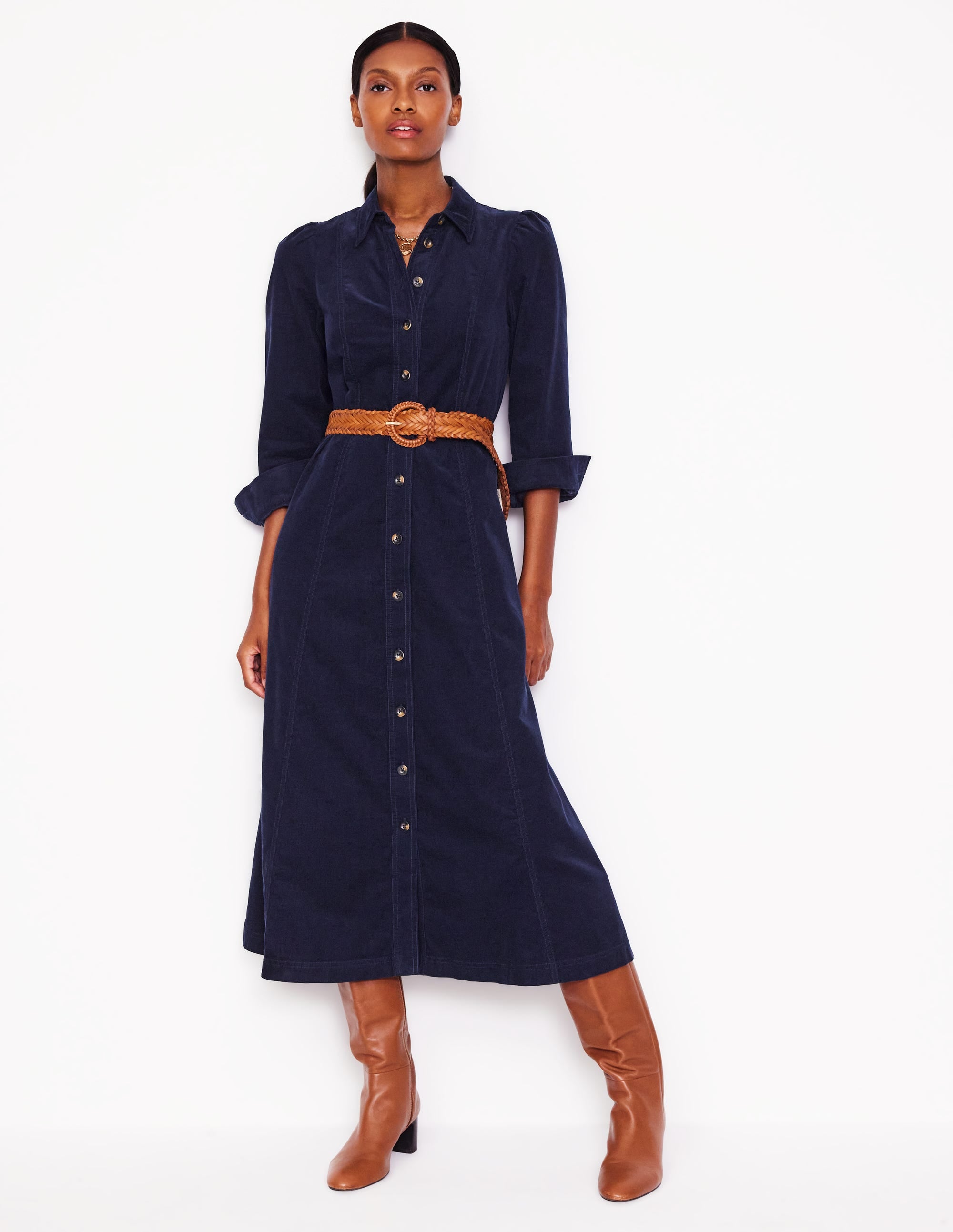 Aubrey Cord Midi Shirt Dress-Navy - Image 1
