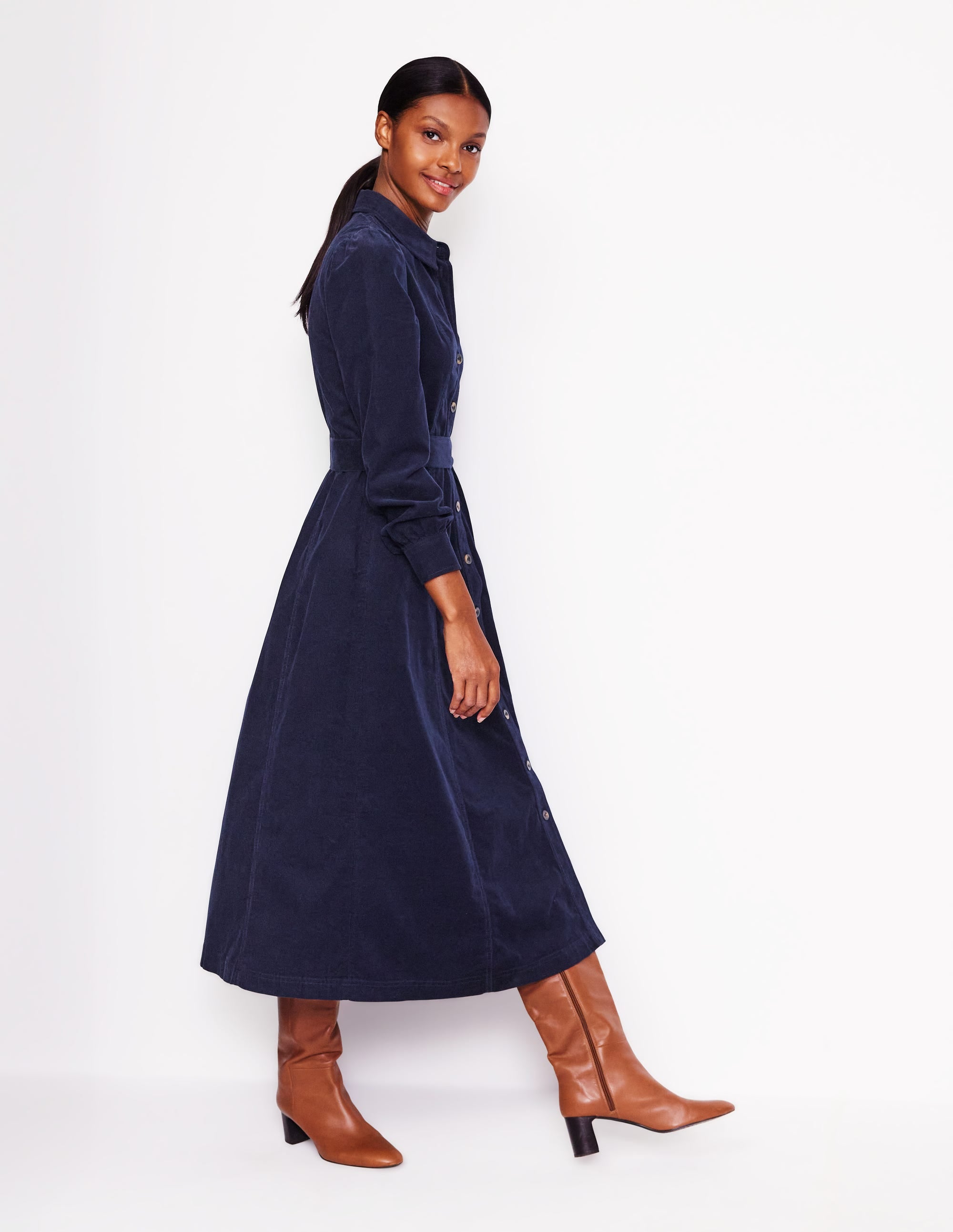 Aubrey Cord Midi Shirt Dress-Navy - Image 4