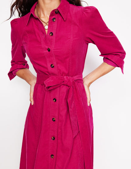 Aubrey Cord Midi Shirt Dress-Cherry Jam