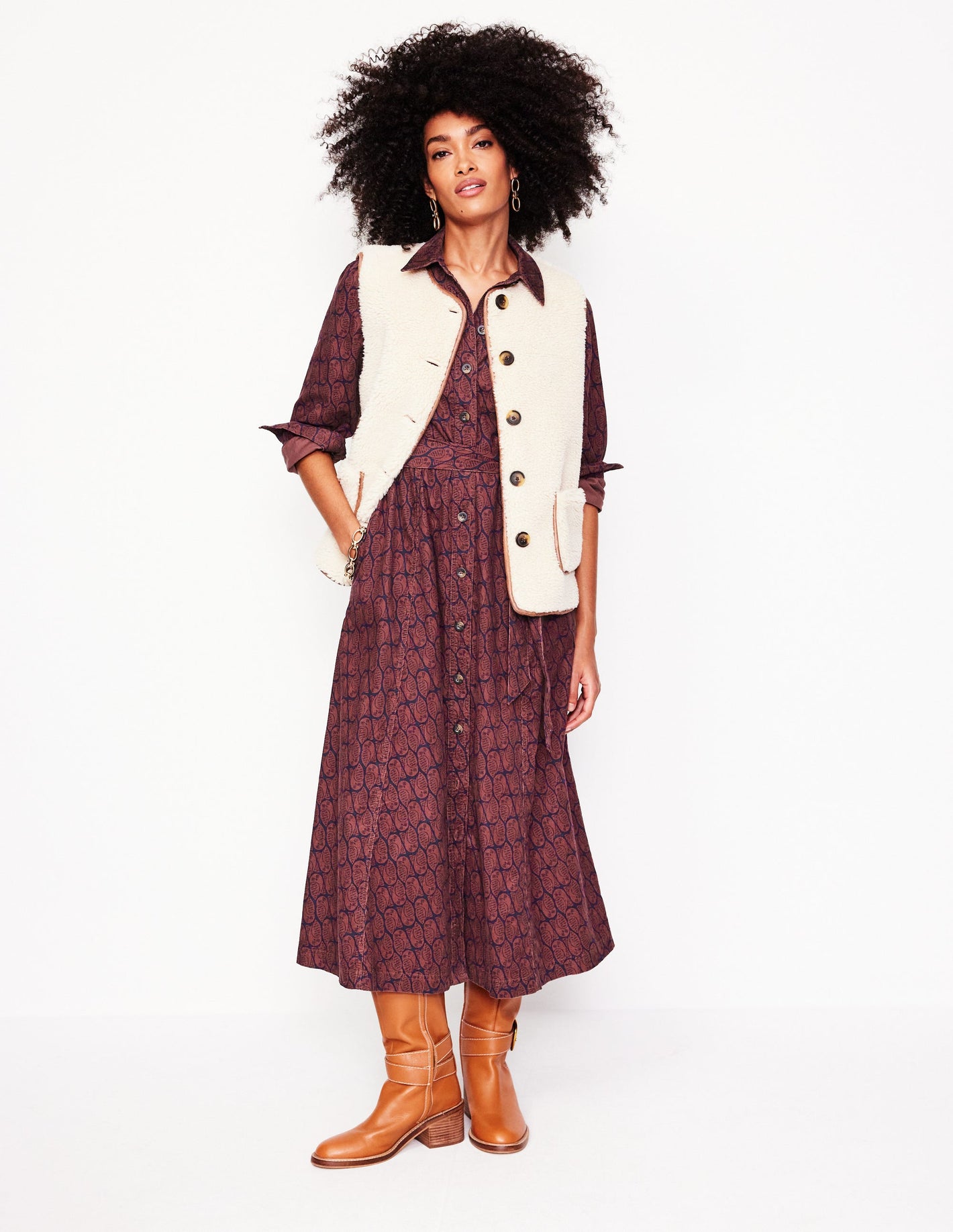 Aubrey Cord Midi Shirt Dress-Chestnut, Owl Stamp