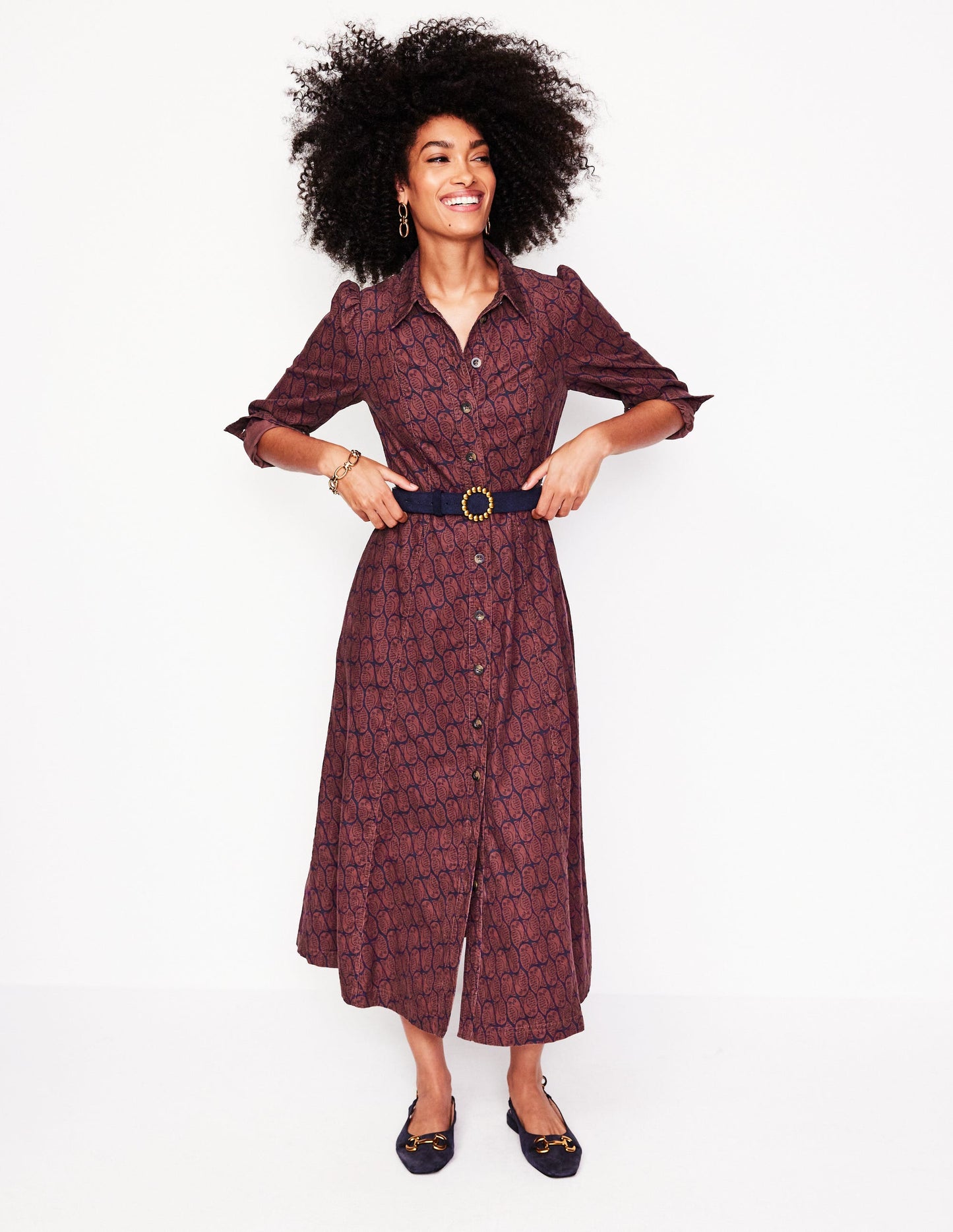 Aubrey Cord Midi Shirt Dress-Chestnut, Owl Stamp