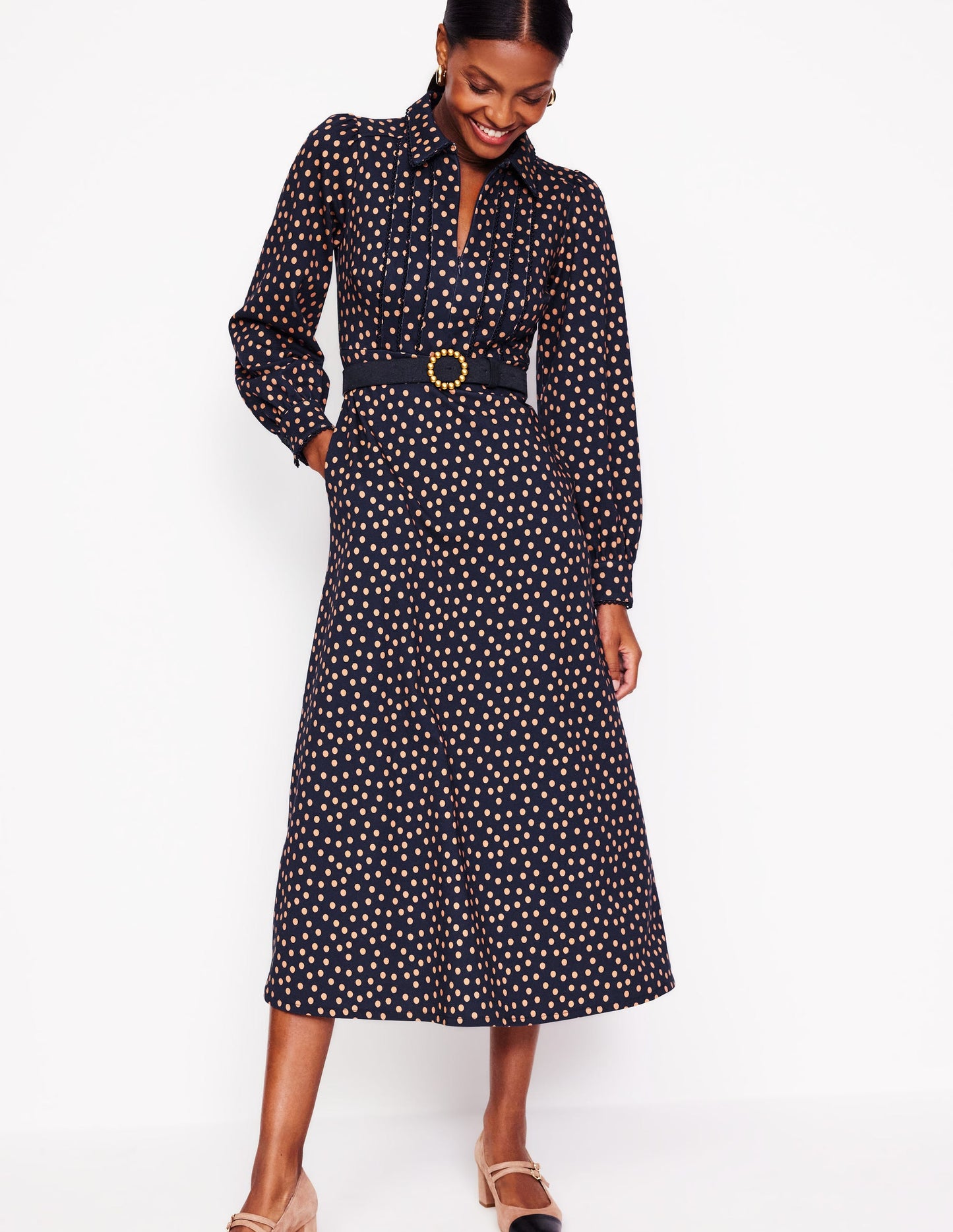 Piping Zip-up Ponte Dress-French Navy, Abstract Dot