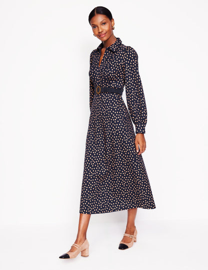 Piping Zip-up Ponte Dress-French Navy, Abstract Dot