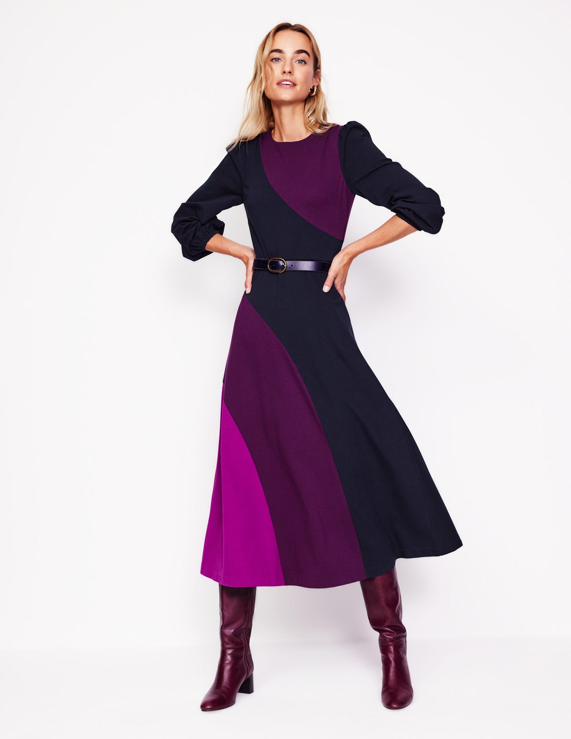 Crew Neck Ponte Dress-Navy, Damson Colourblock-1