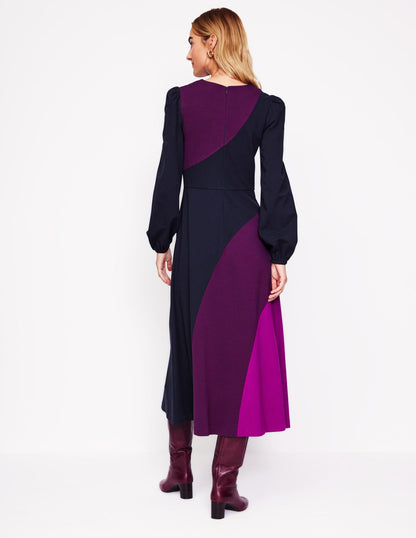 Crew Neck Ponte Dress-Navy, Damson Colourblock-3