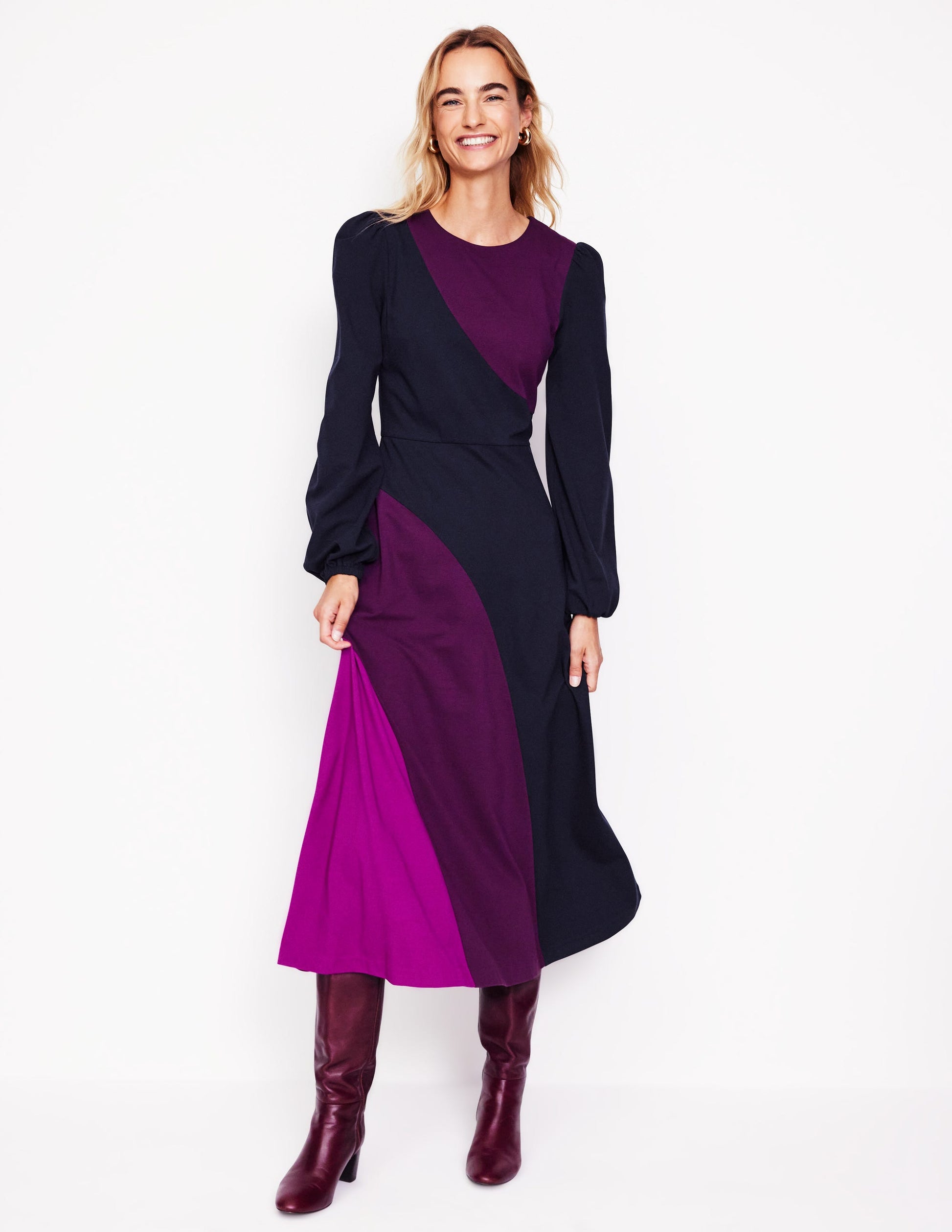 Crew Neck Ponte Dress-Navy, Damson Colourblock-4