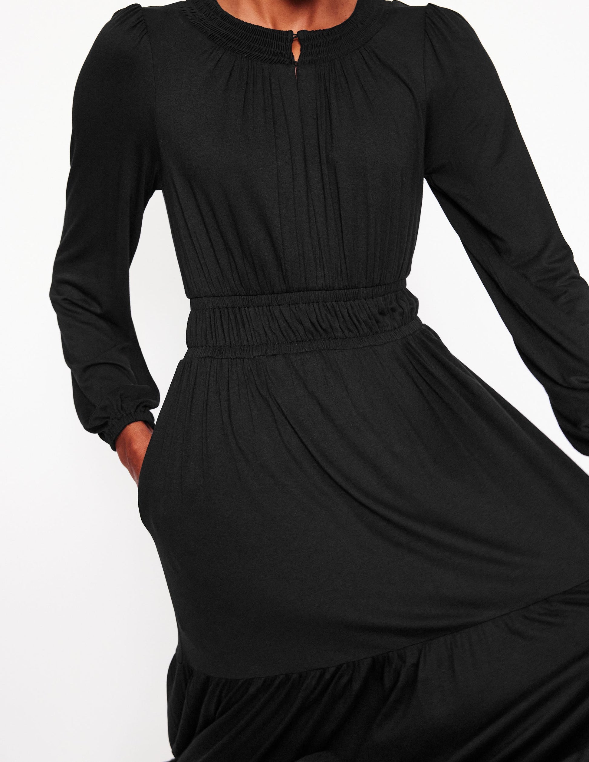 Smock Tiered Jersey Midi Dress-Black-2
