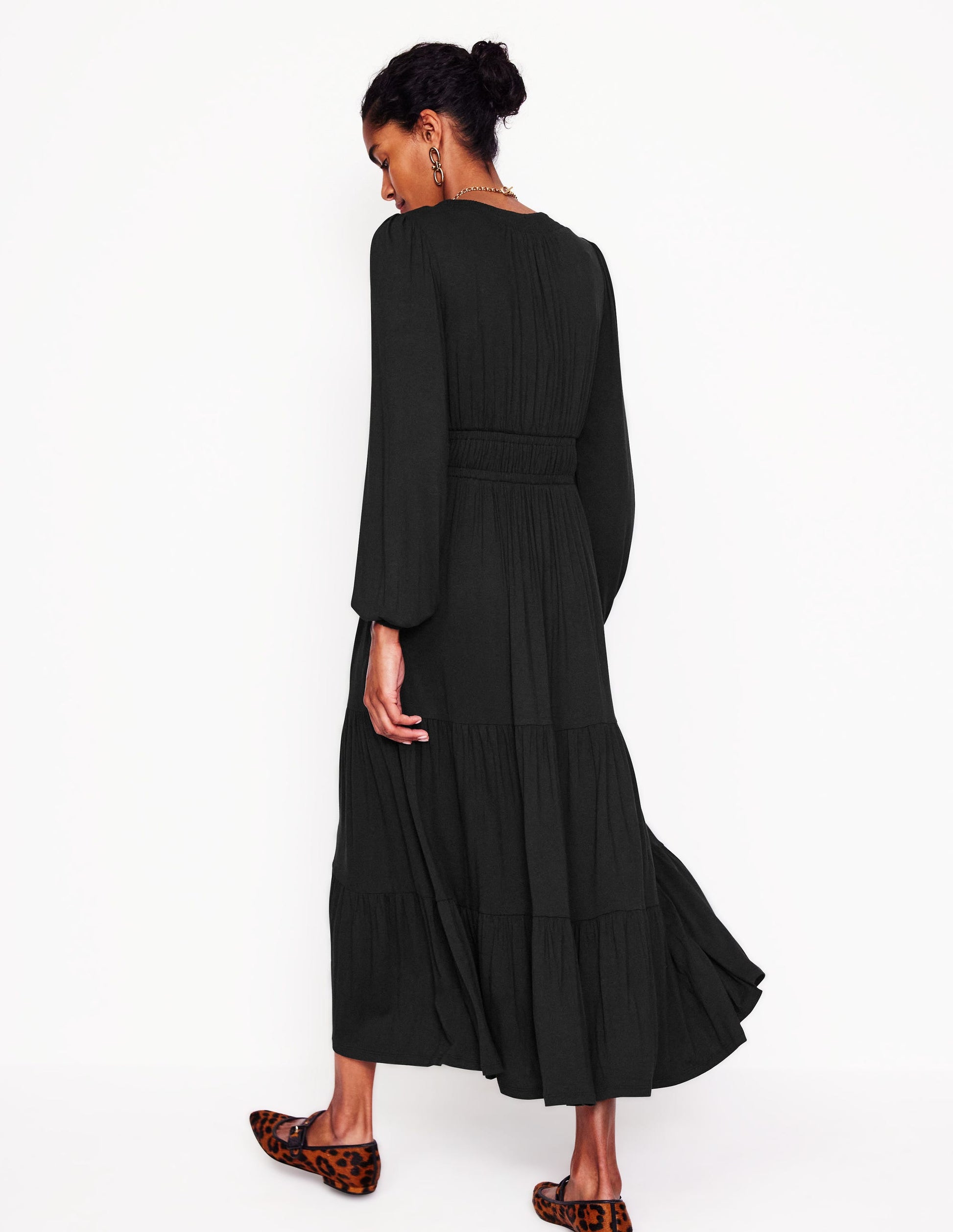 Smock Tiered Jersey Midi Dress-Black-3