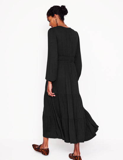 Smock Tiered Jersey Midi Dress-Black-3