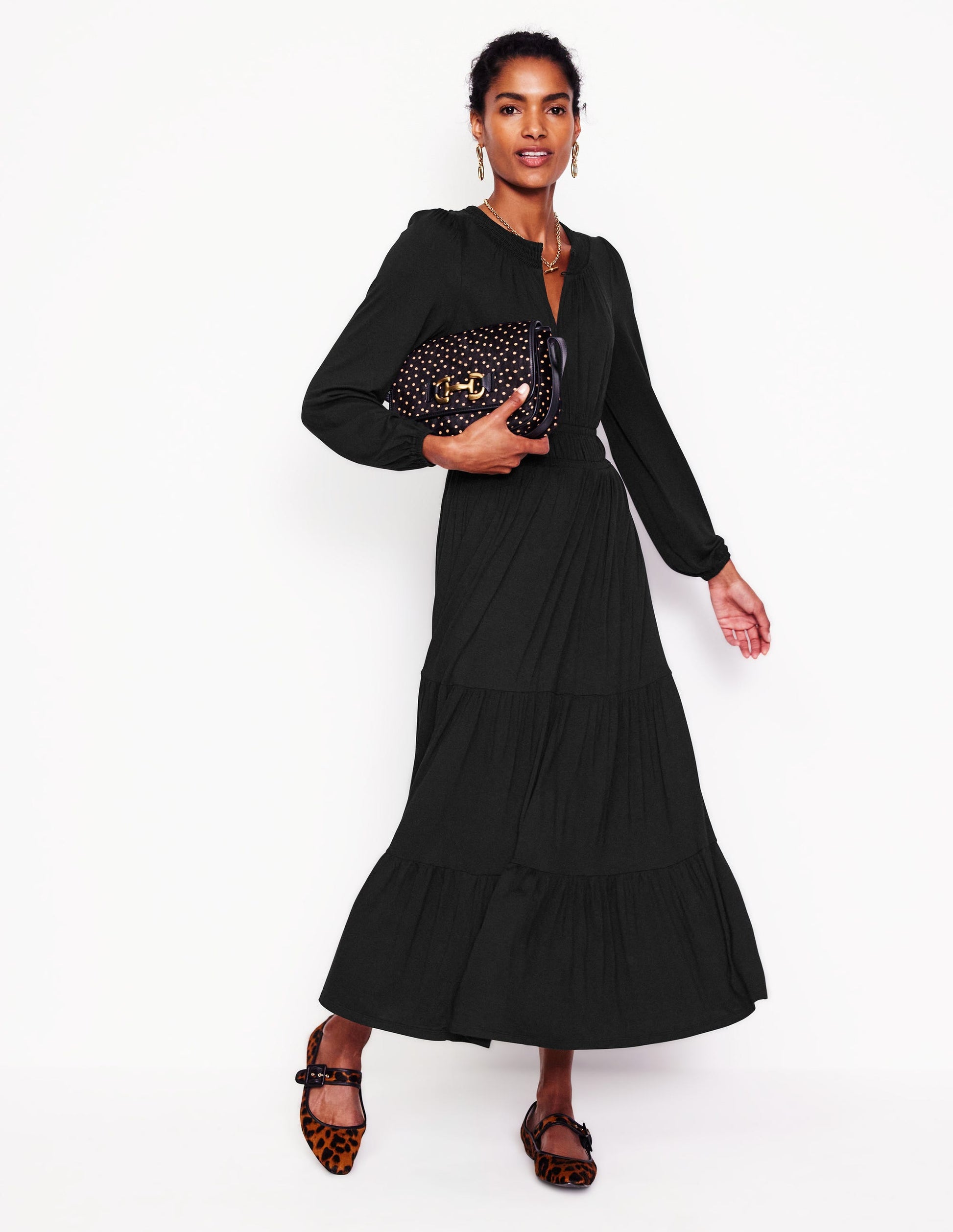 Smock Tiered Jersey Midi Dress-Black-4