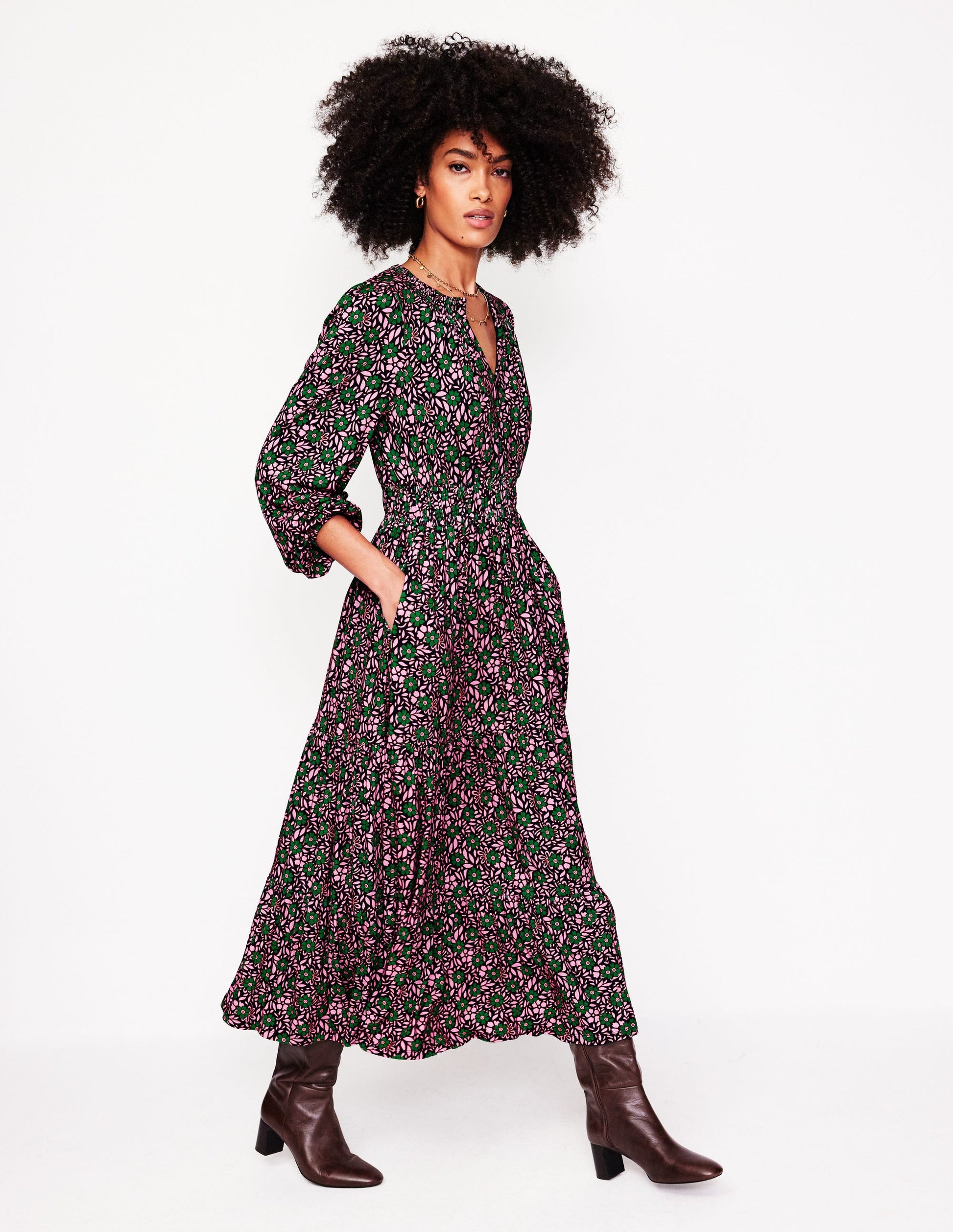 Smock Tiered Jersey Midi Dress-Sherbet, Foliage Cluster-1