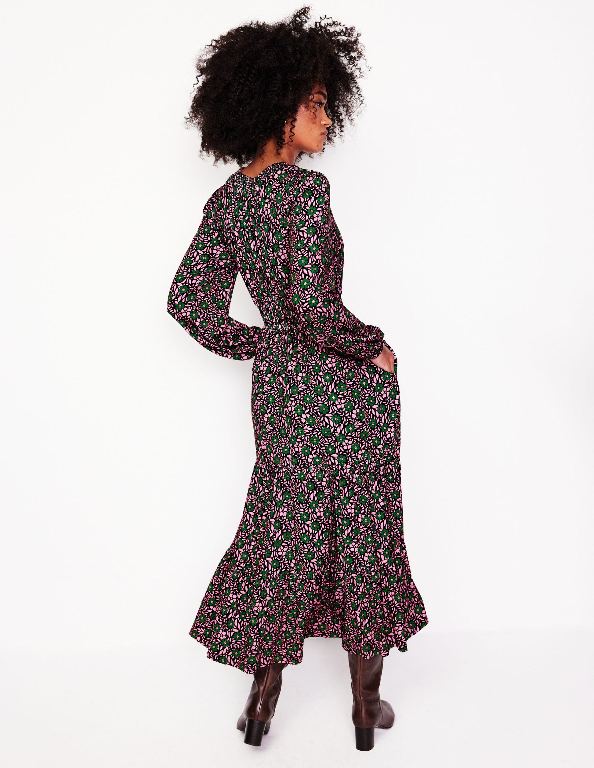 Smock Tiered Jersey Midi Dress-Sherbet, Foliage Cluster-3