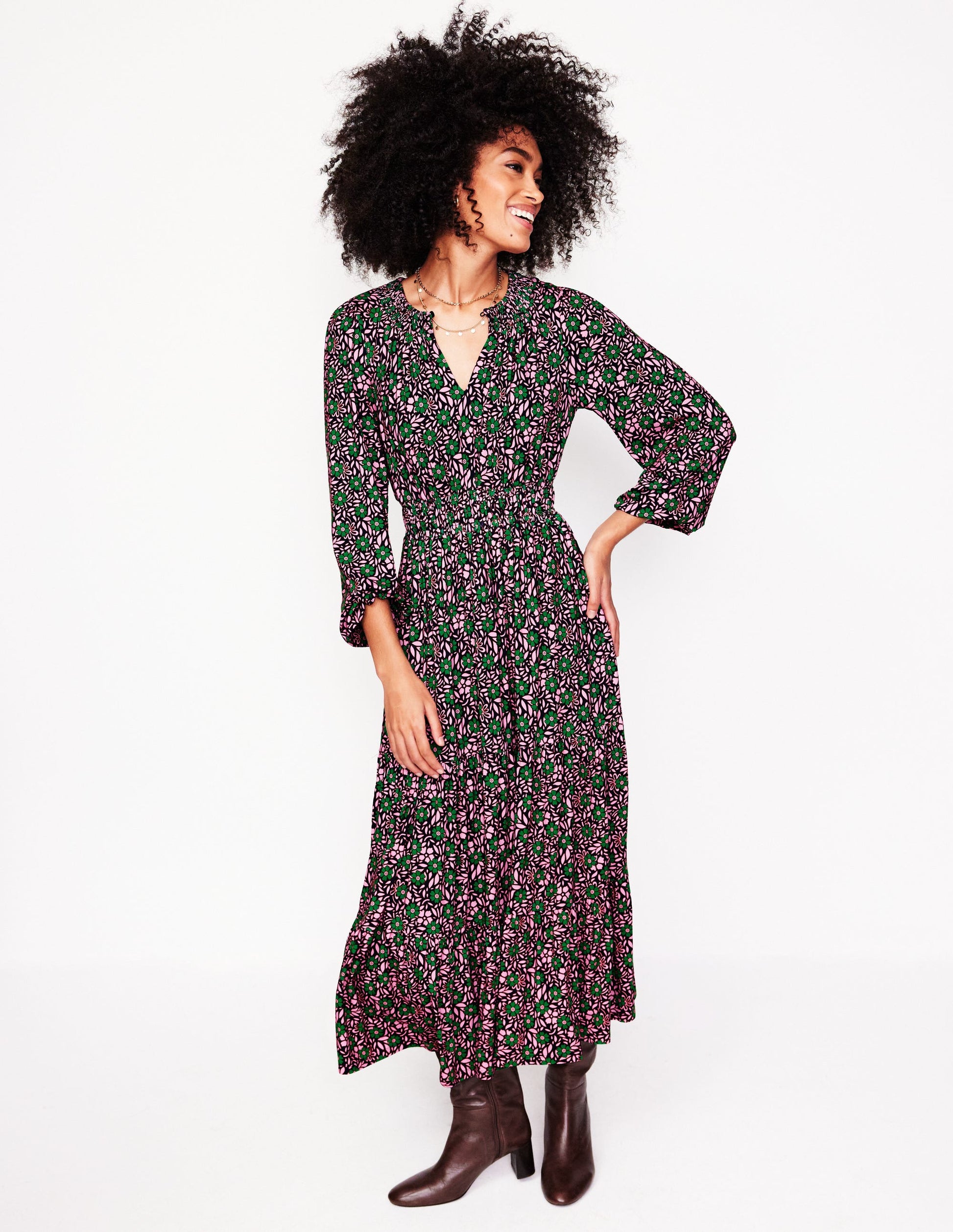 Smock Tiered Jersey Midi Dress-Sherbet, Foliage Cluster-4